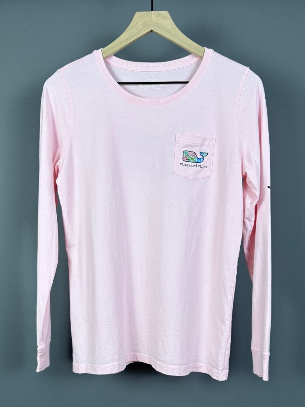 Vineyard Vines Women's S Pink Patchwork Whale Long Sleeve Pocket Tee Shirt